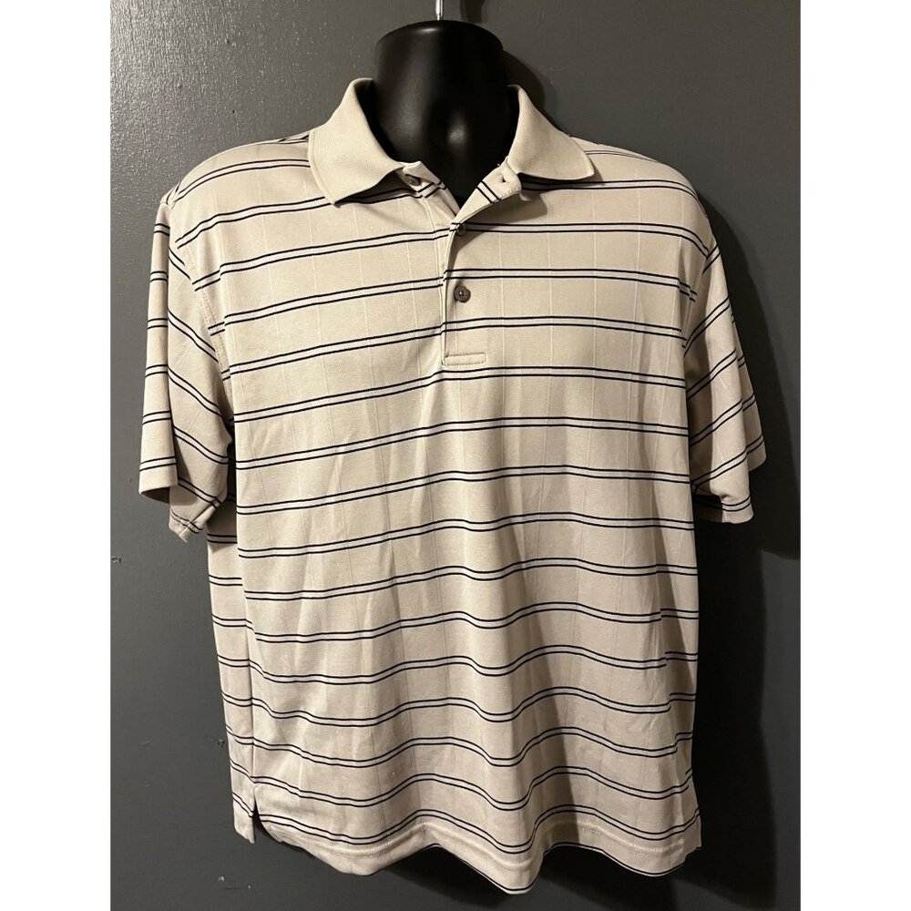 PGA Tour Mens Beige & Black Striped Polo Shirt Size Medium 100% Polyester Short